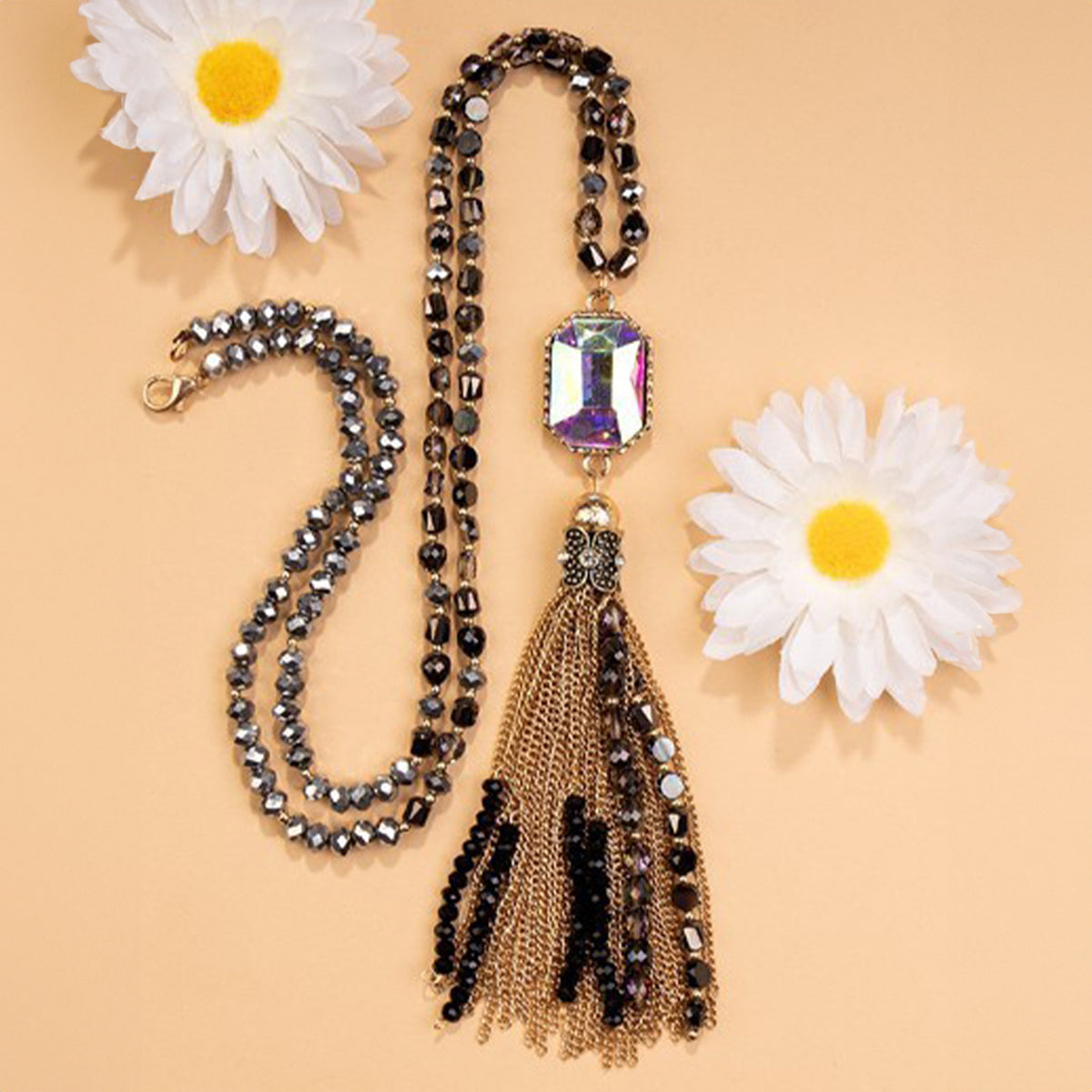 72770 - Crystal Beaded Tassel Necklace - Black