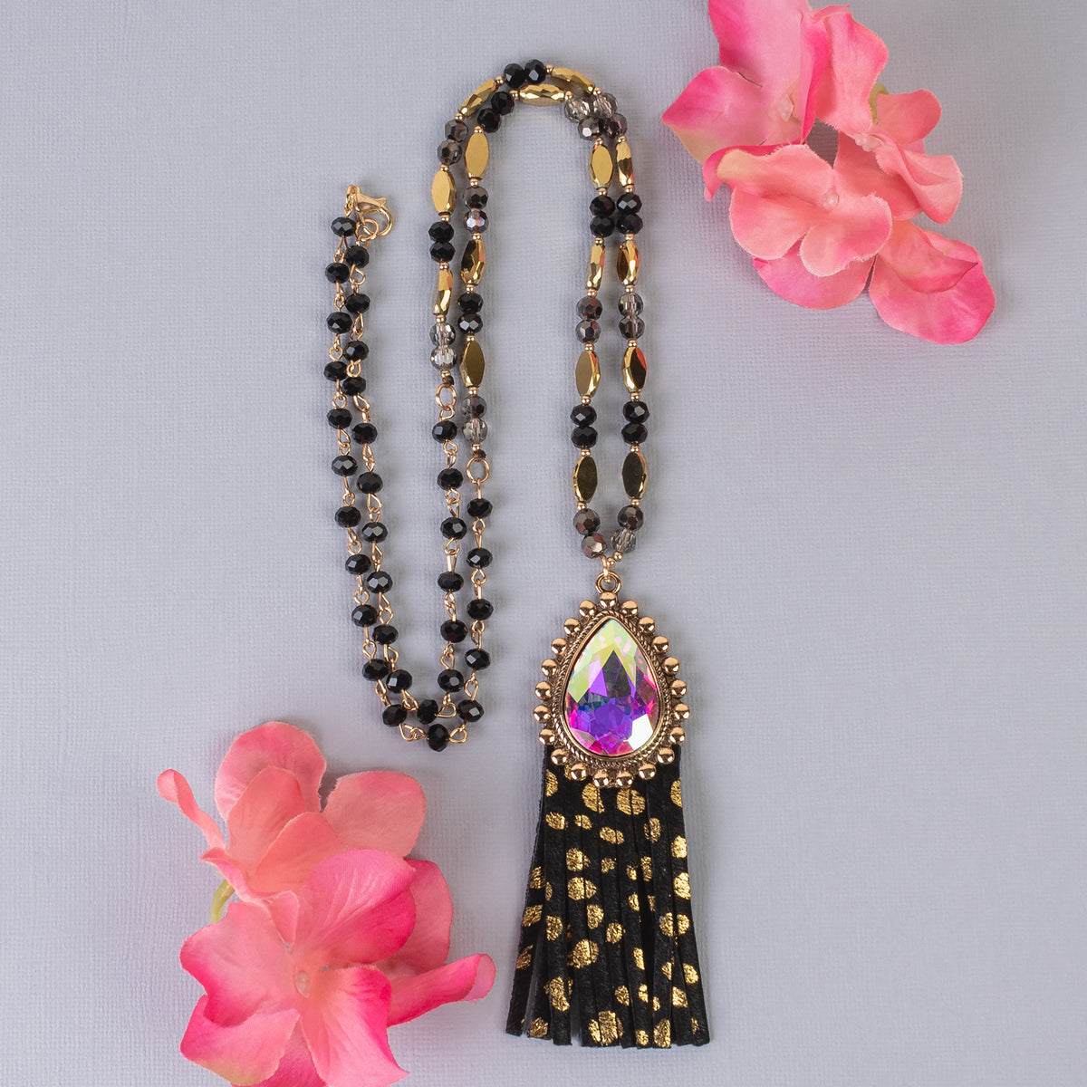 72782 - Animal Print Tassel Necklace - Black