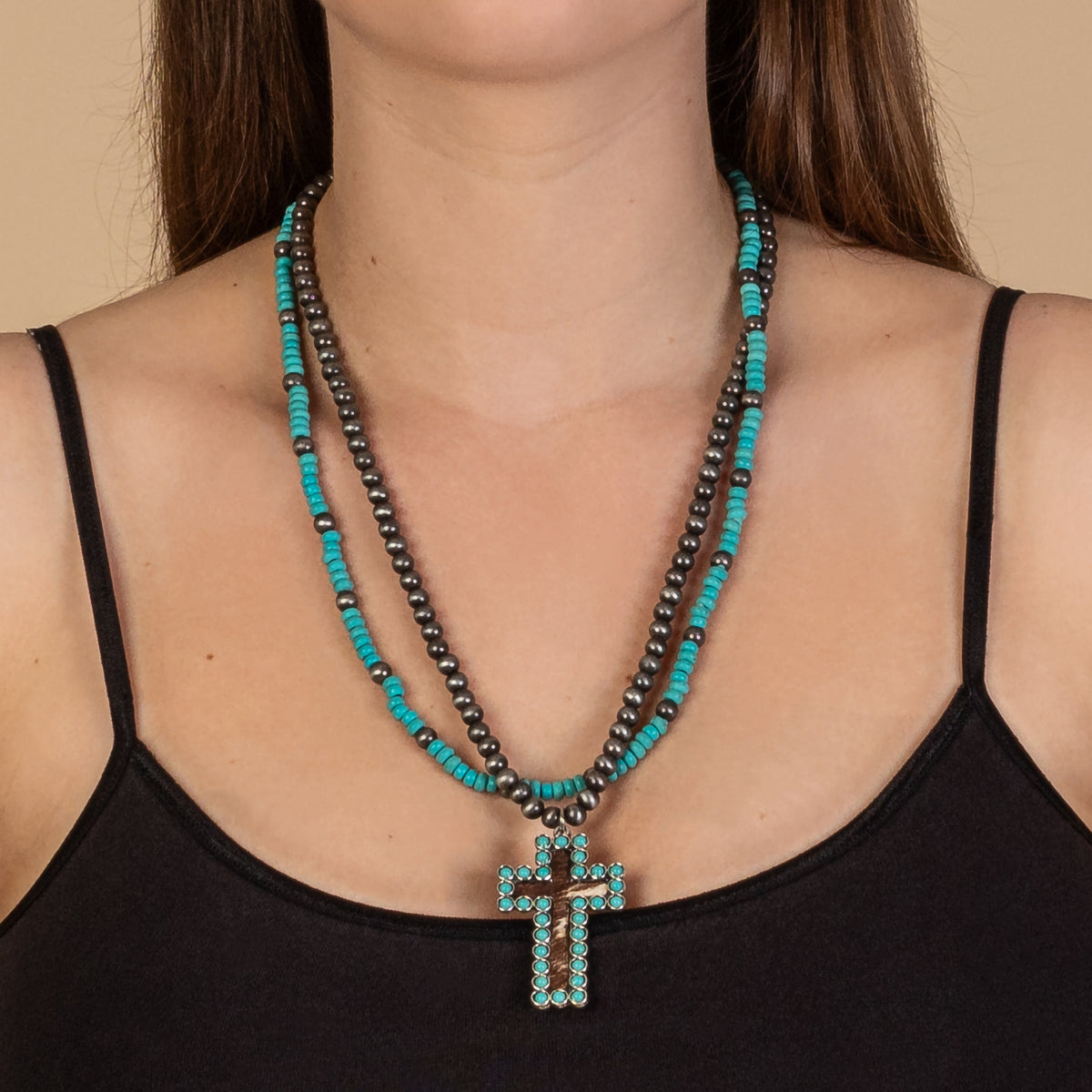 72862 - Animal Print Cross Necklace - Turquoise & Silver