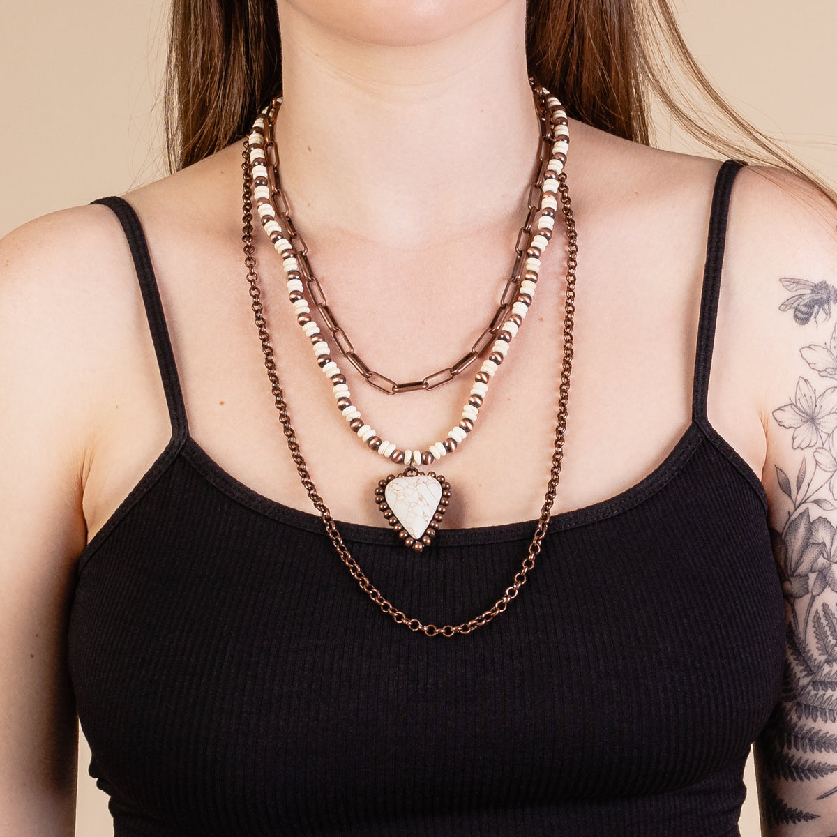 72923 - Layered Heart Necklace - Ivory & Copper