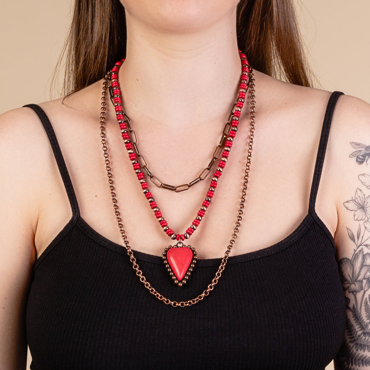 72923 - Layered Heart Necklace - Red & Copper