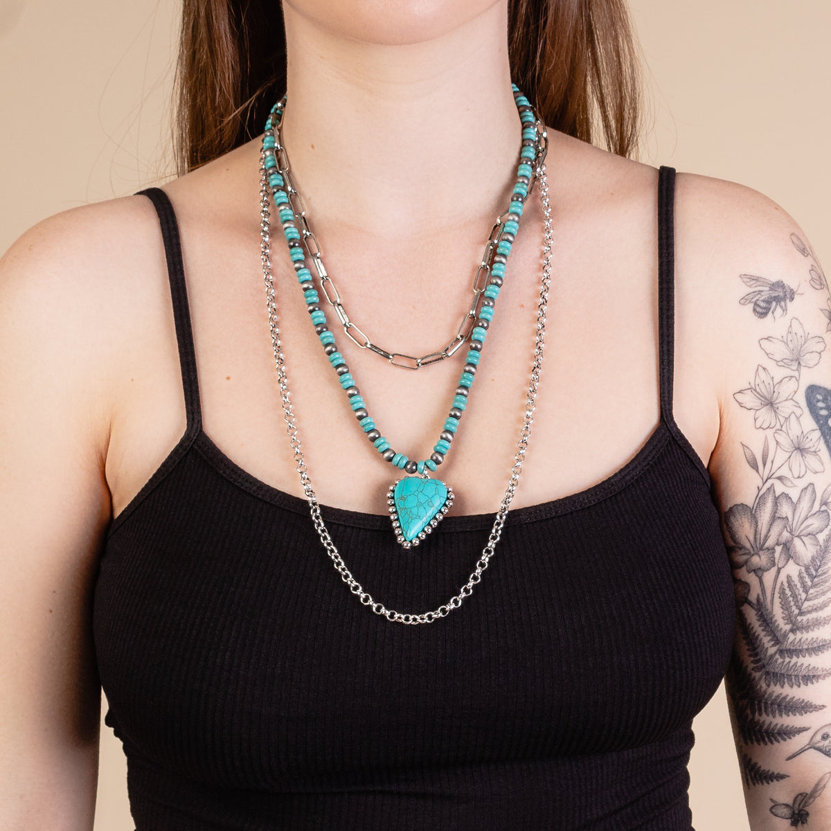72923 - Layered Heart Necklace - Turquoise & Silver