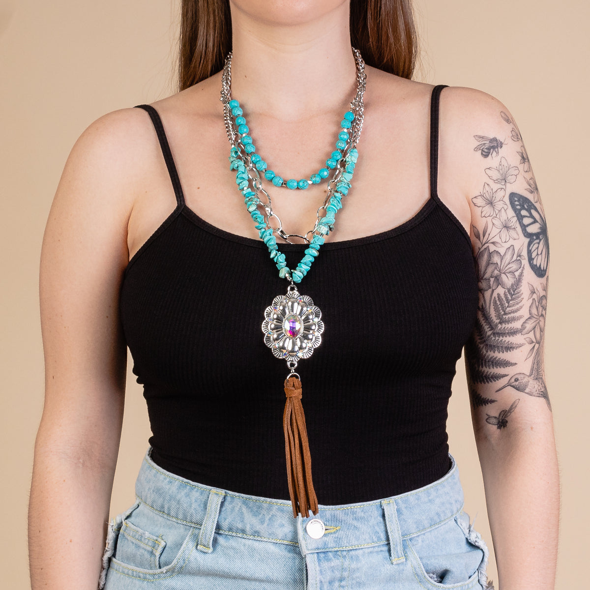 72927 - Layered Crystal Squash Blossom Necklace - Turquoise