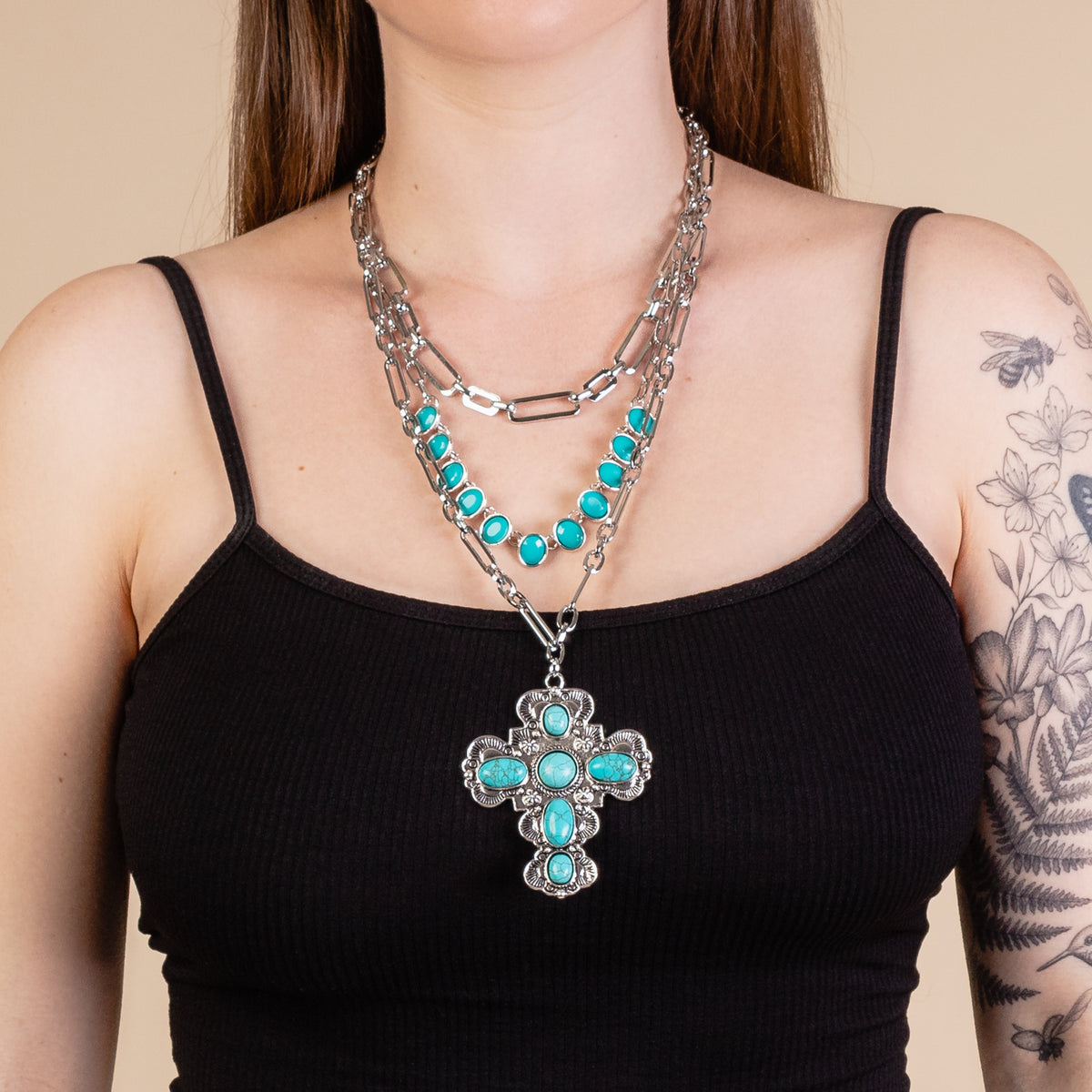 72930 - Squash Blossom Cross Necklace - Turquoise & Silver