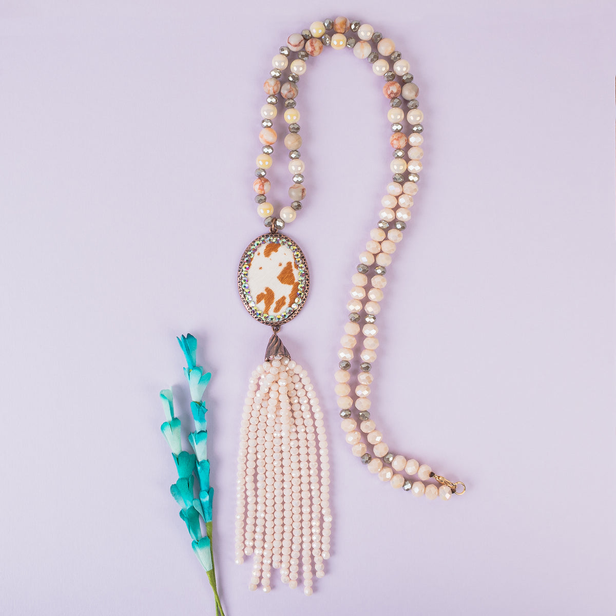 72934 - Animal Print Beaded Tassel Necklace - Beige