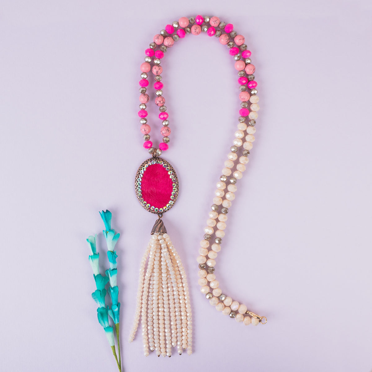 72934 - Animal Print Beaded Tassel Necklace - Fuchsia