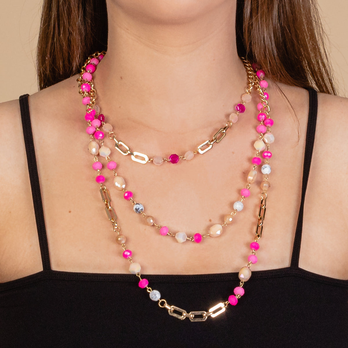 72936 - Layered Beaded Necklace - Fuchsia