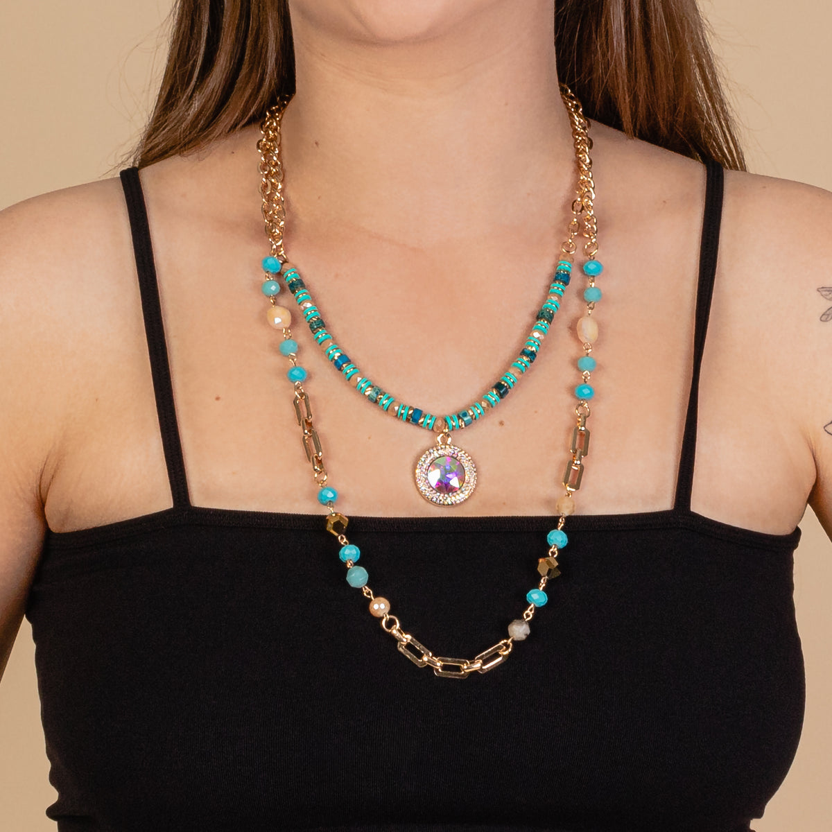 72938 - Layered Rhinestone Necklace - Turquoise