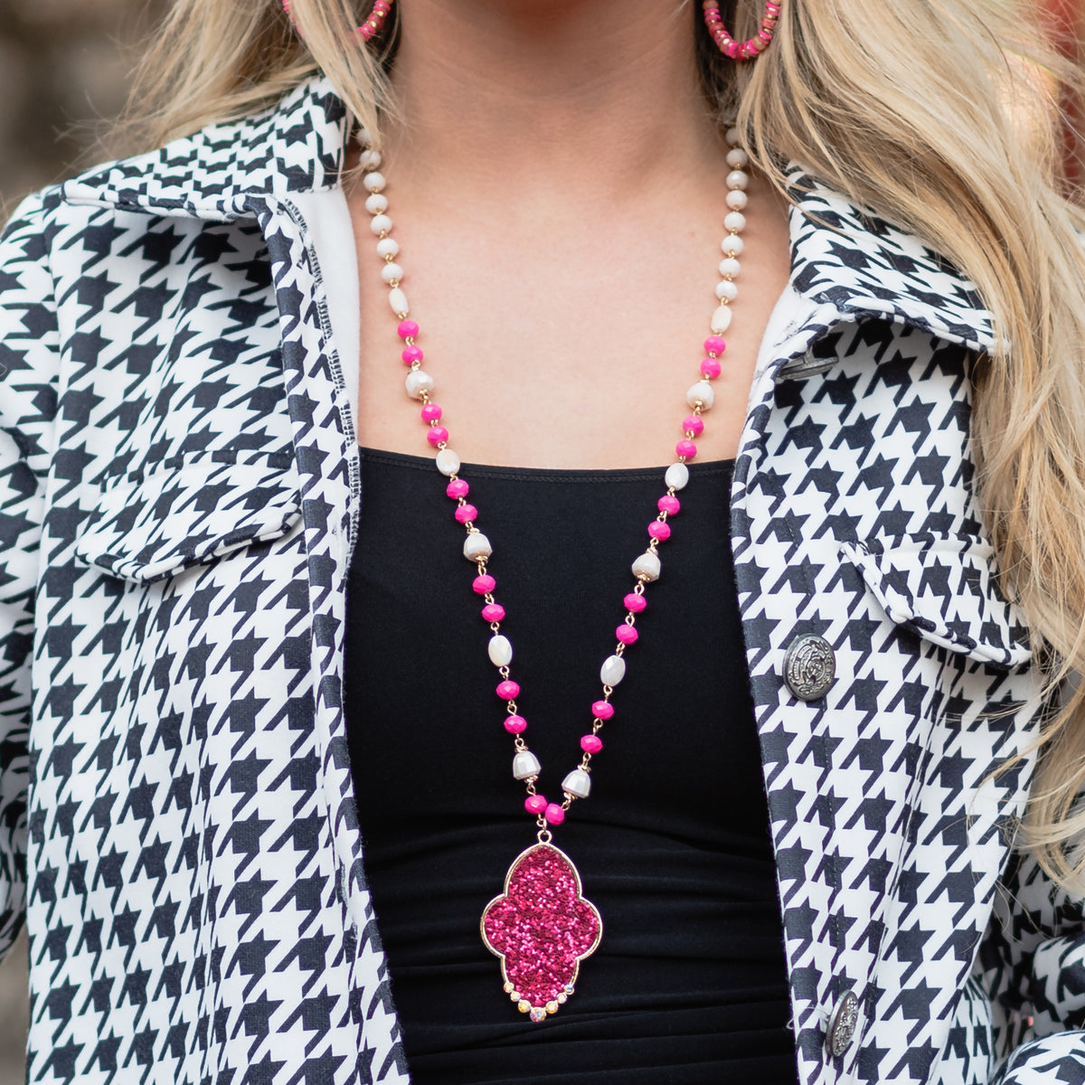 72947 - Glitter Pendant Necklace - Fuchsia