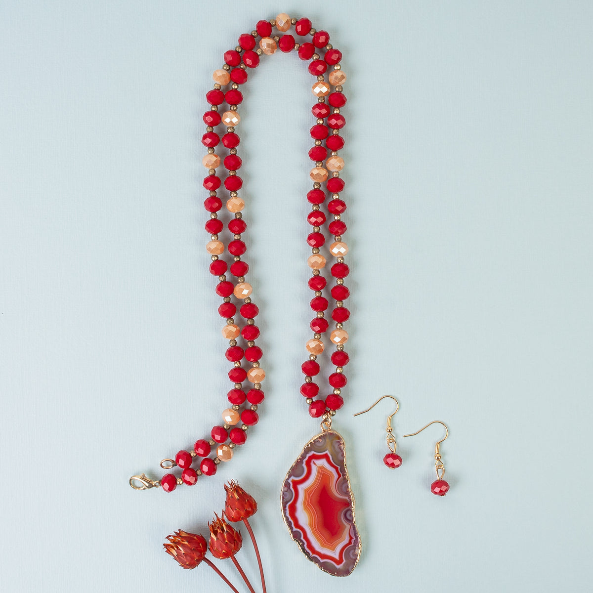 72977 - Natural Stone Necklace - Red