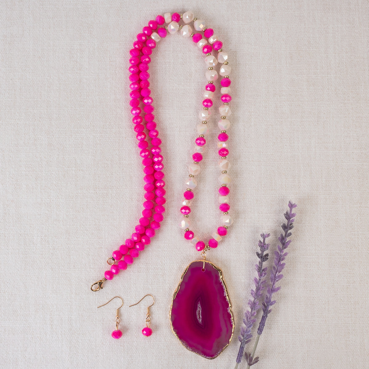 72978 - Natural Stone Necklace - Fuchsia