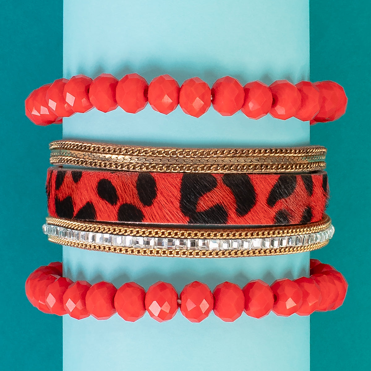 74699 - Animal Hide Stacked Bracelets - Red