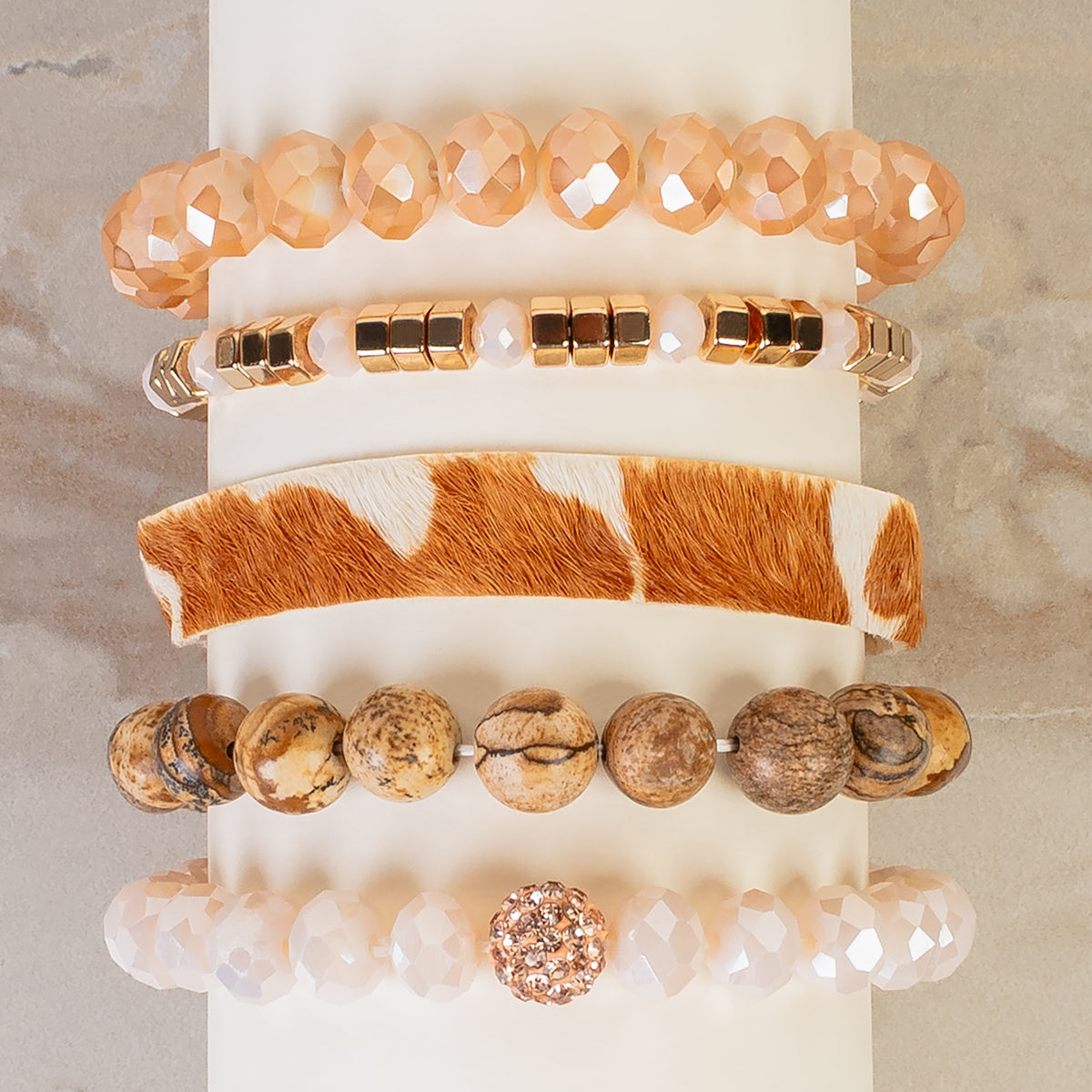 74715 - Cow Print and Crystal Stacked Bracelets - Brown