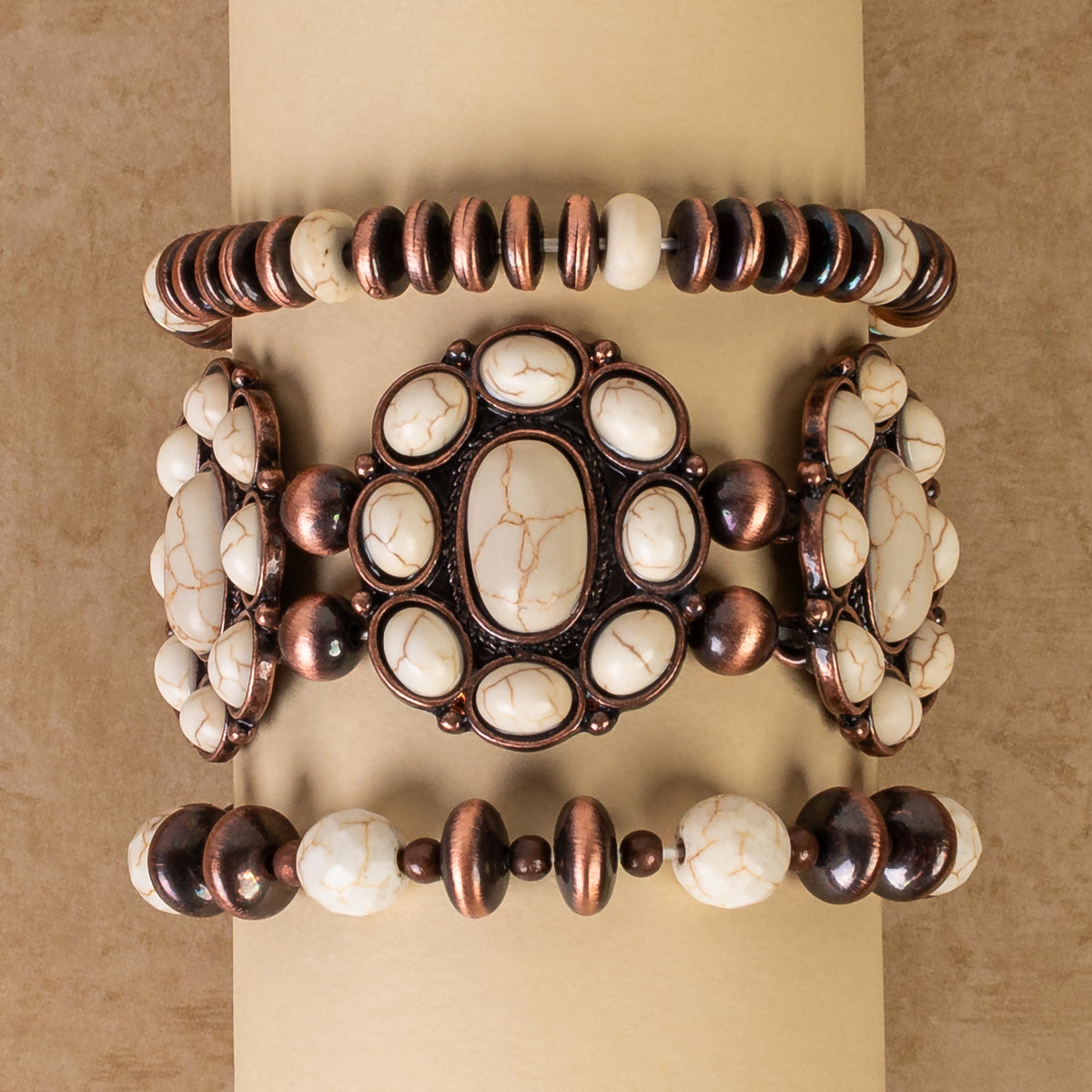 74767 - Squash Blossom Stacked Bracelets - Ivory & Copper