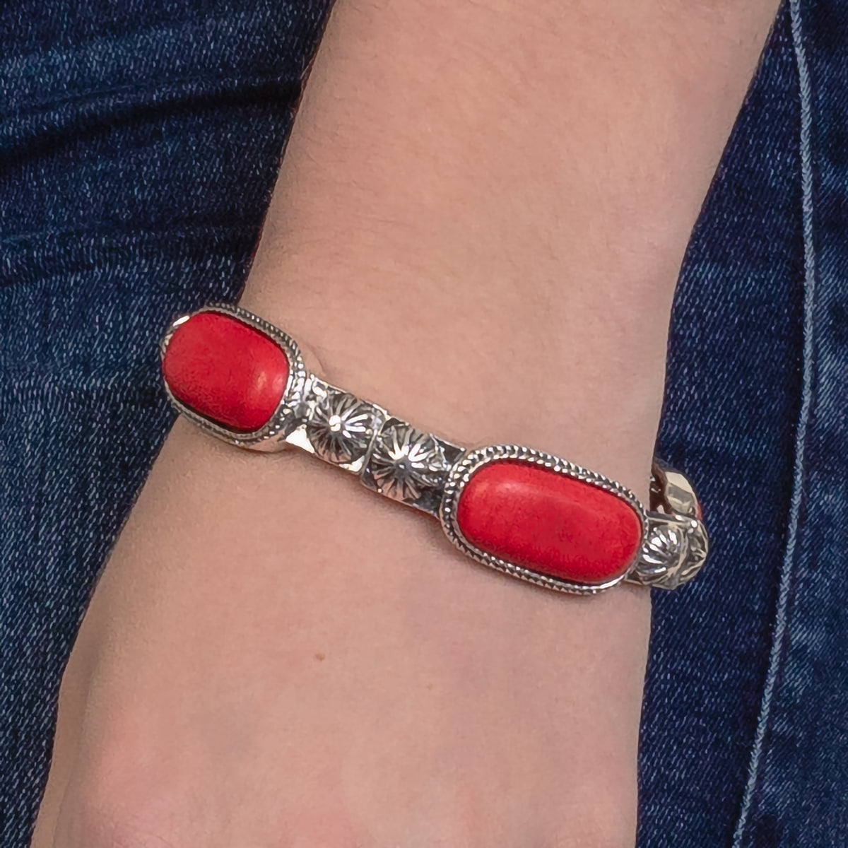 74811 - Squash Blossom Bracelet - Red & Silver
