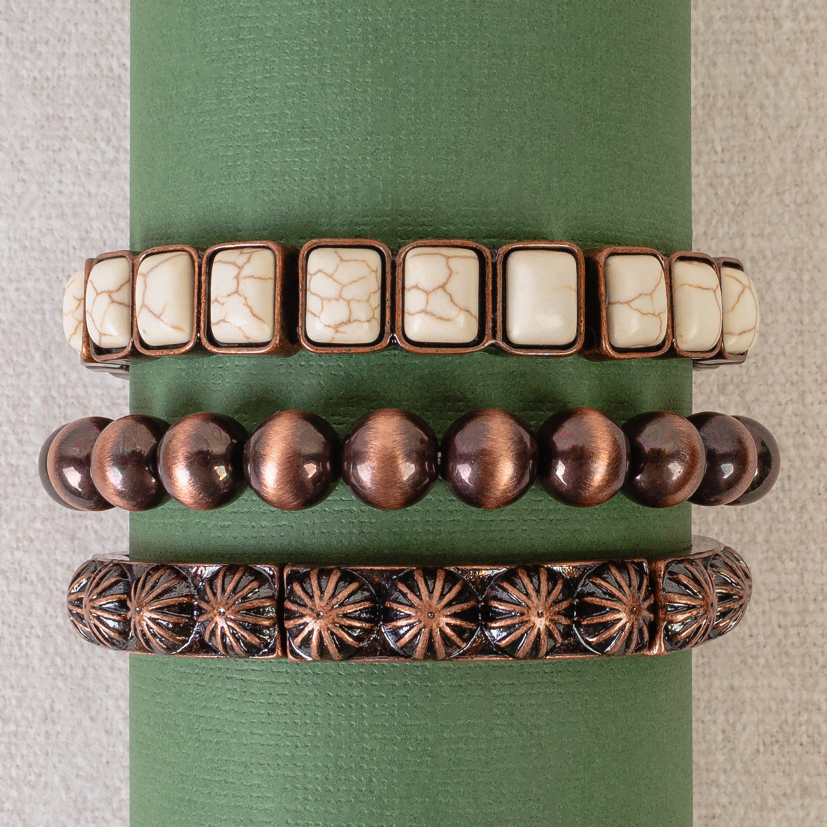 74814 - Squash Blossom Stacked Bracelets - Ivory & Copper