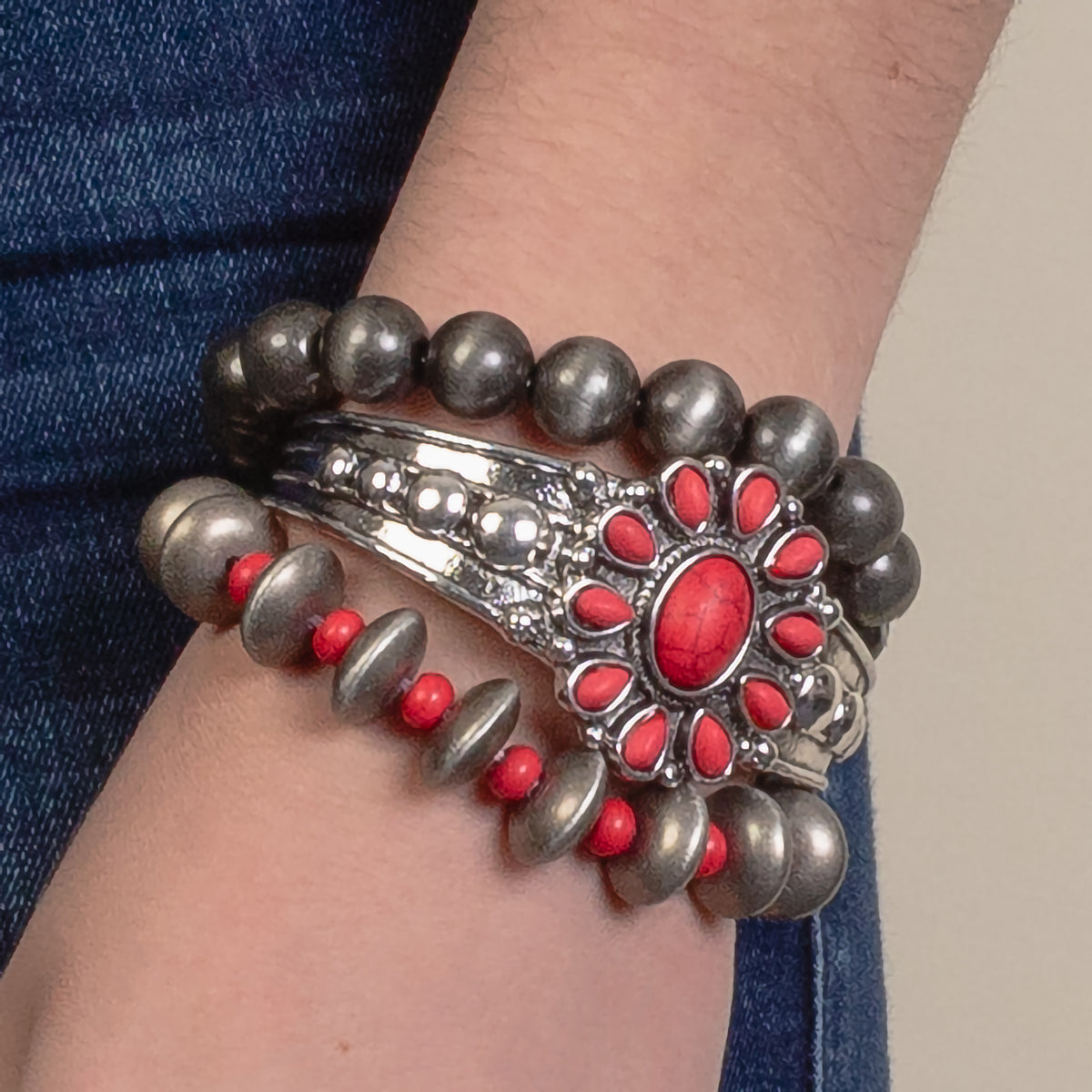74820 - Squash Blossom Stacked Bracelets - Red & Silver