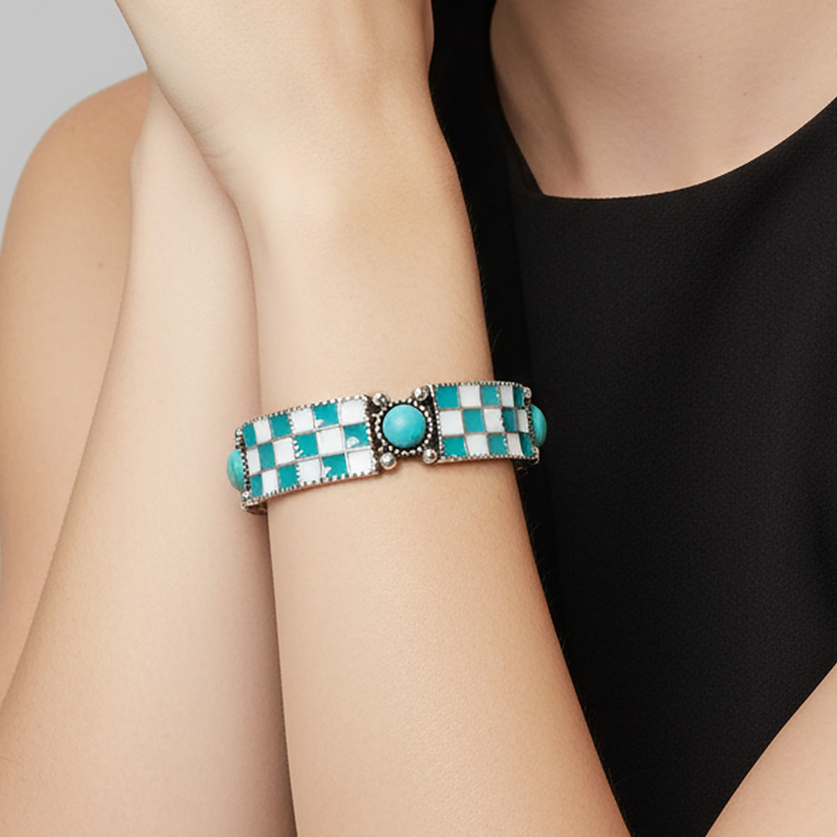 74860 - Checkered Bracelet - Turquoise & White