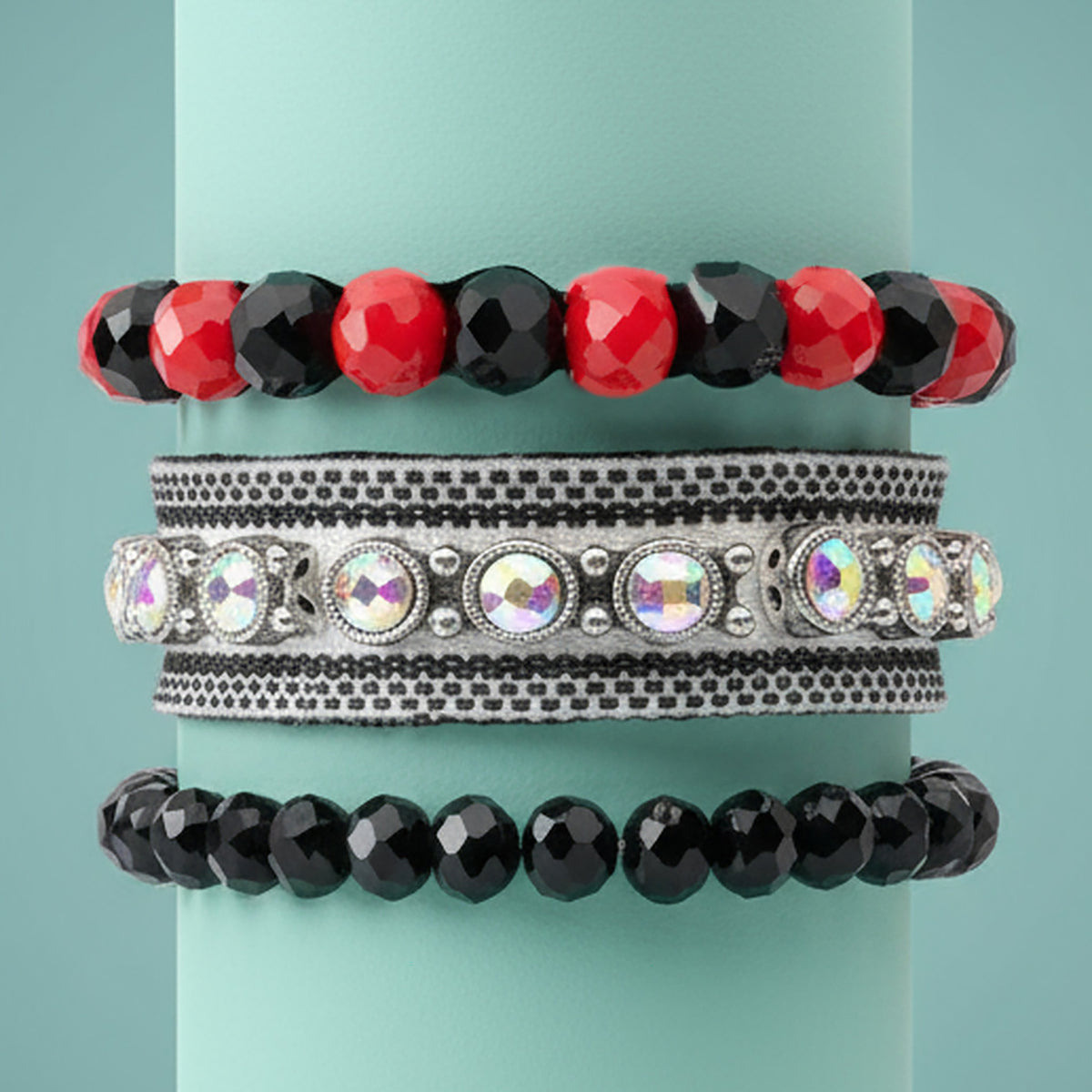 74863 - Beaded Stacked Bracelets - Black & Red
