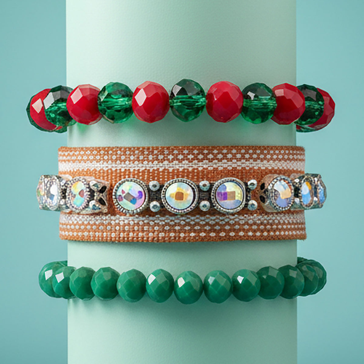 74863 - Beaded Stacked Bracelets - Red & Green
