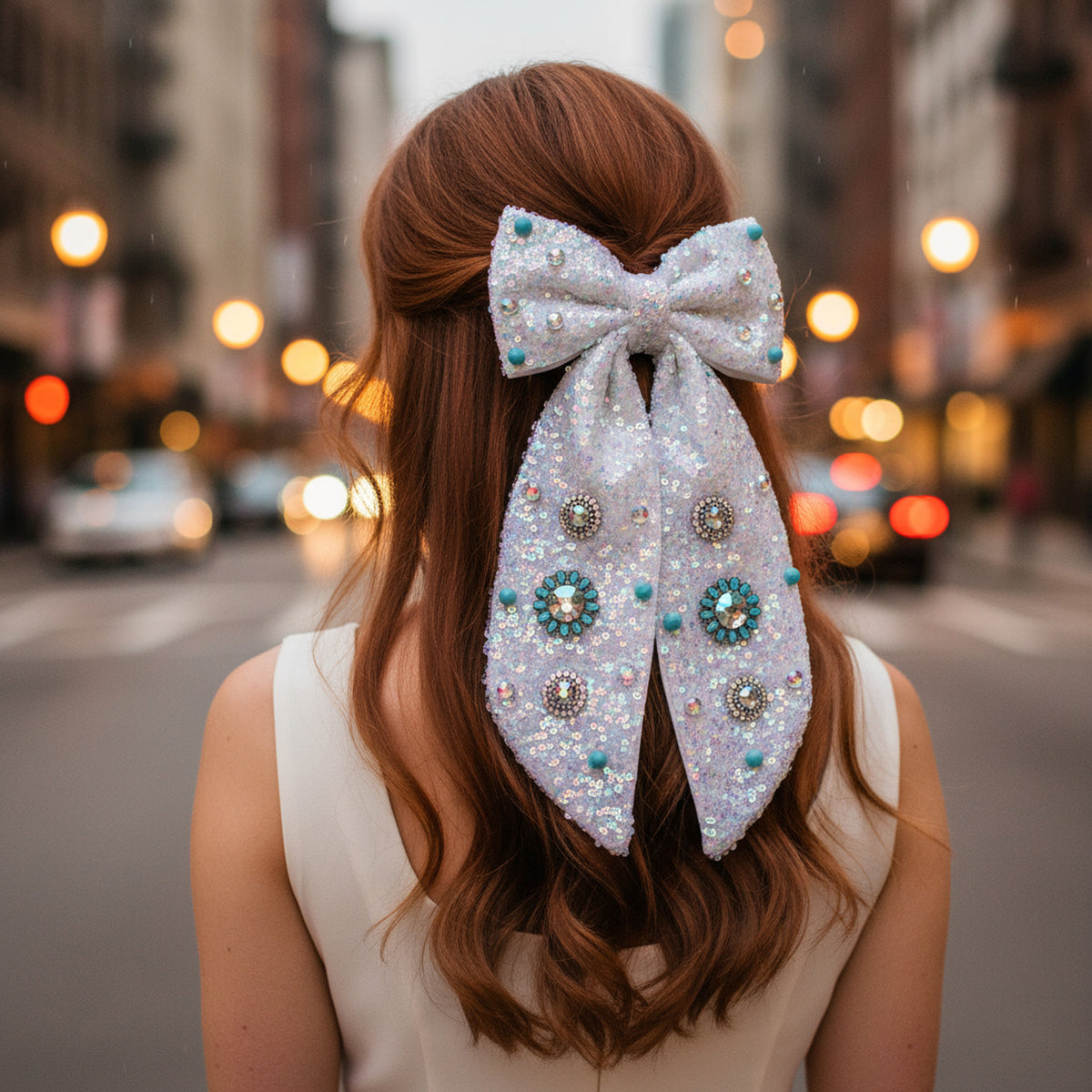 79053 - Sequin Bow Hair Clip - White