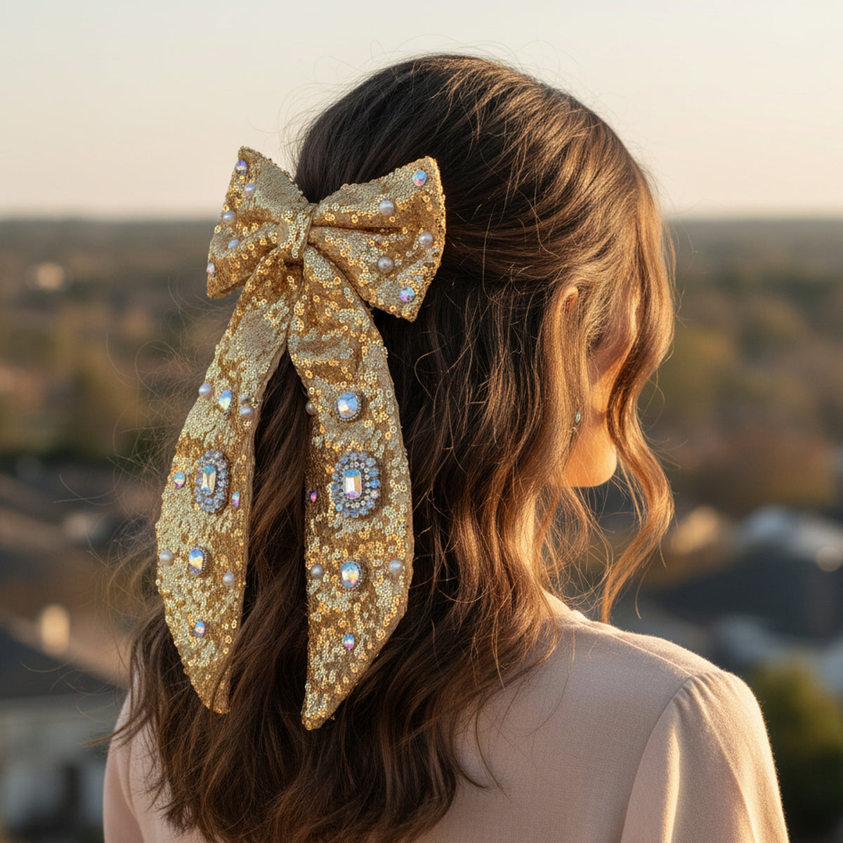 79055 - Sequin Bow Hair Clip - Gold