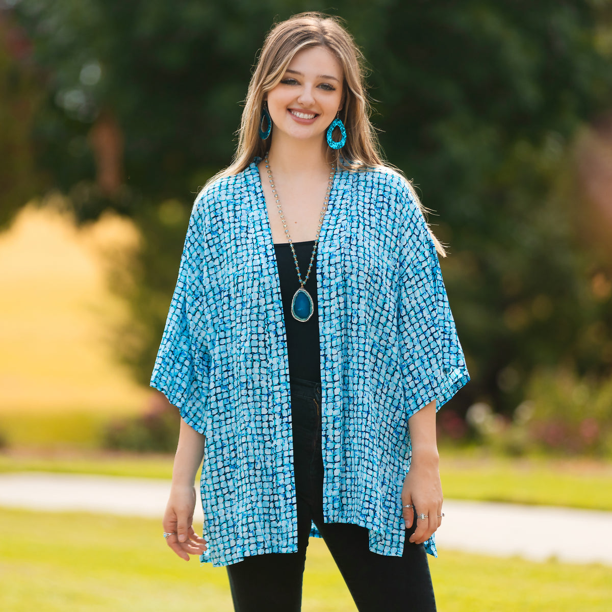 8927 - Geometric Print Duster - Blue