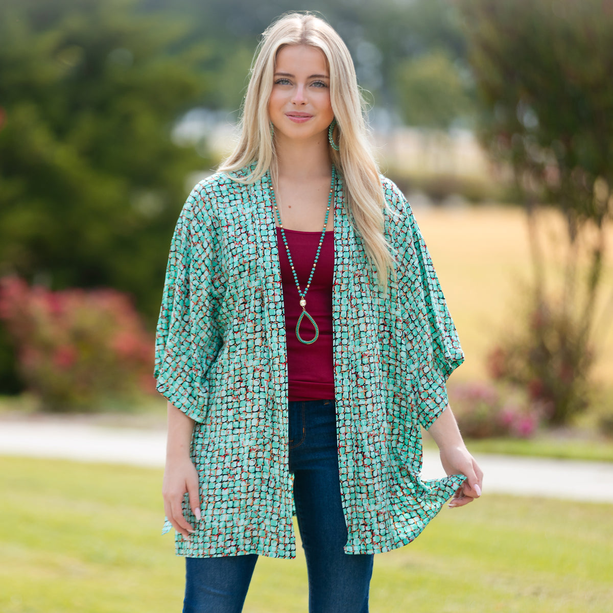 8927 - Geometric Print Duster - Green