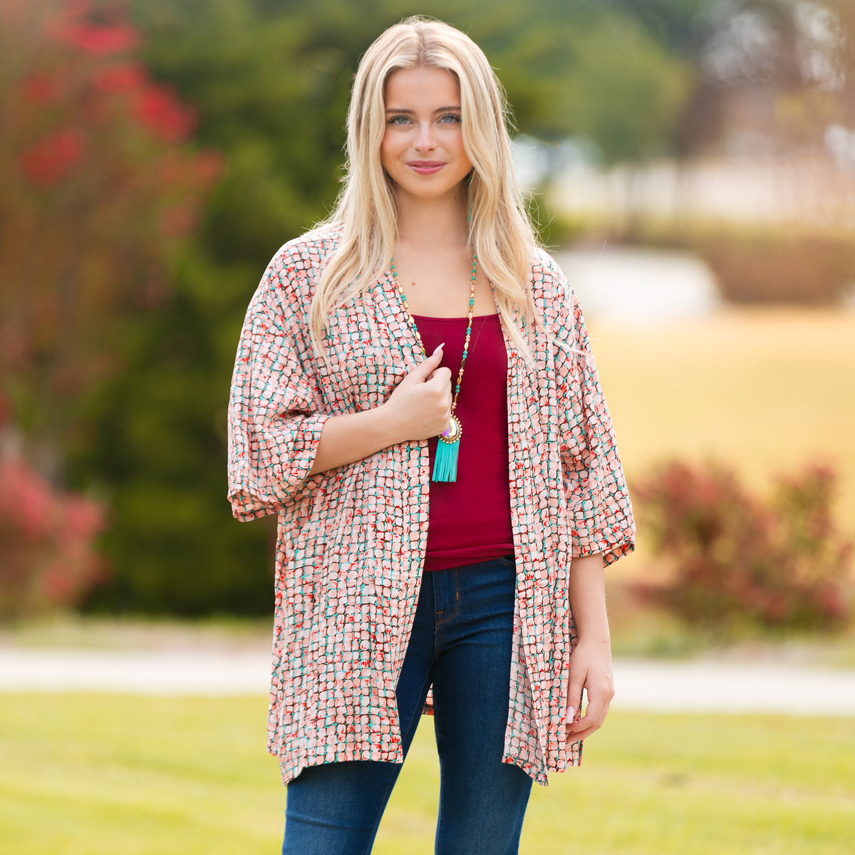 8927 - Geometric Print Duster - Pink