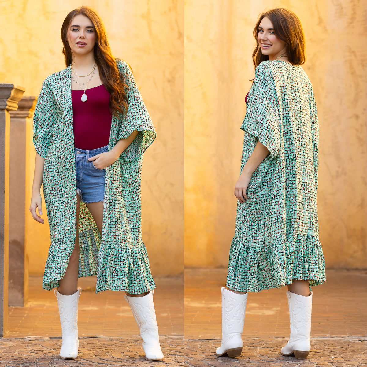 8933 - Geometric Print Duster - Green