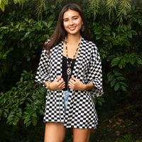 Load image into Gallery viewer, 8945 - Checkered Print Duster - Black
