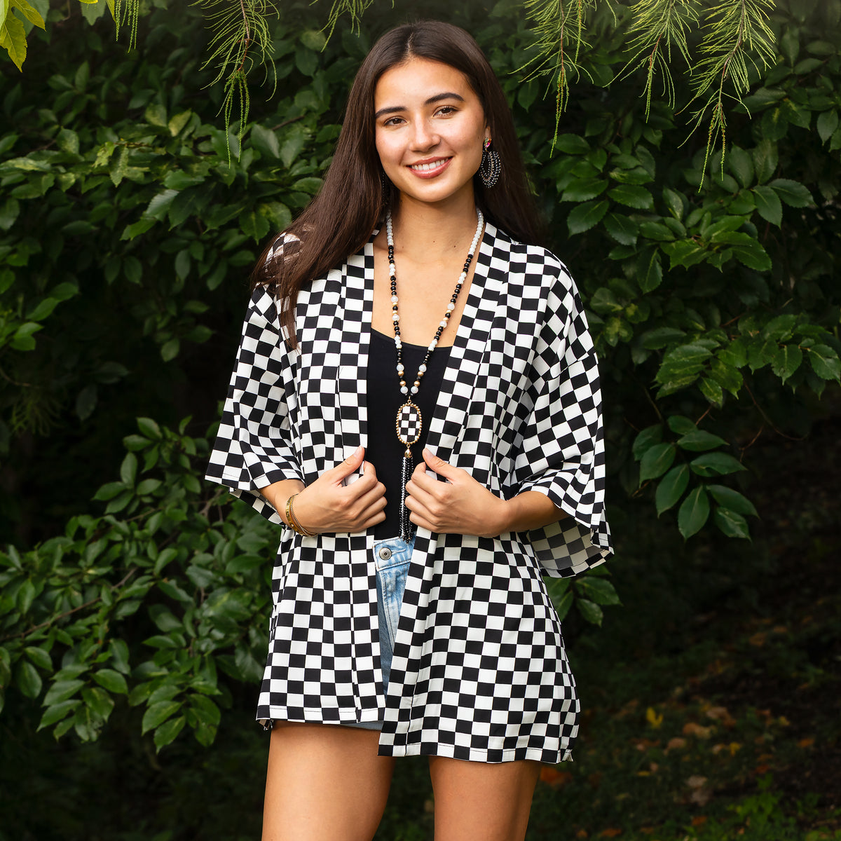 8945 - Checkered Print Duster - Black