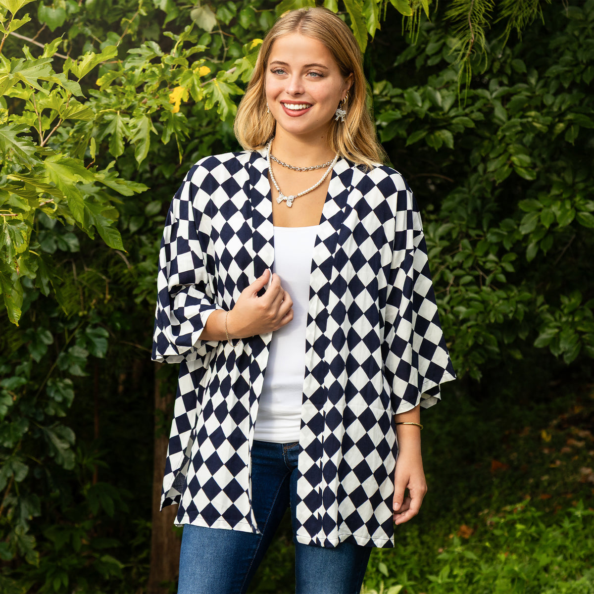 8949 - Checkered Print Duster - Navy