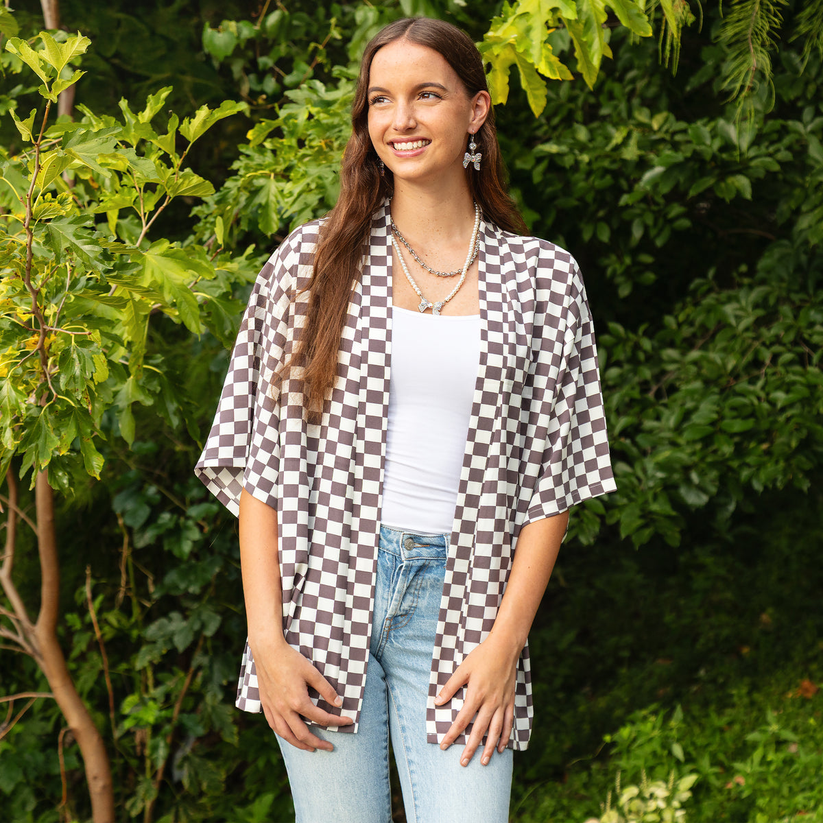 8947 - Checkered Print Duster - Gray