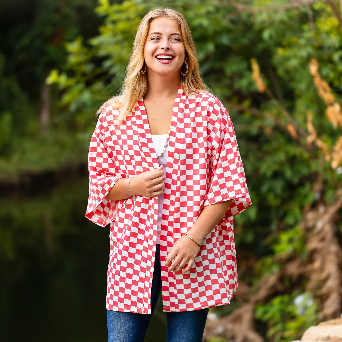 8946 - Checkered Print Duster - Pink