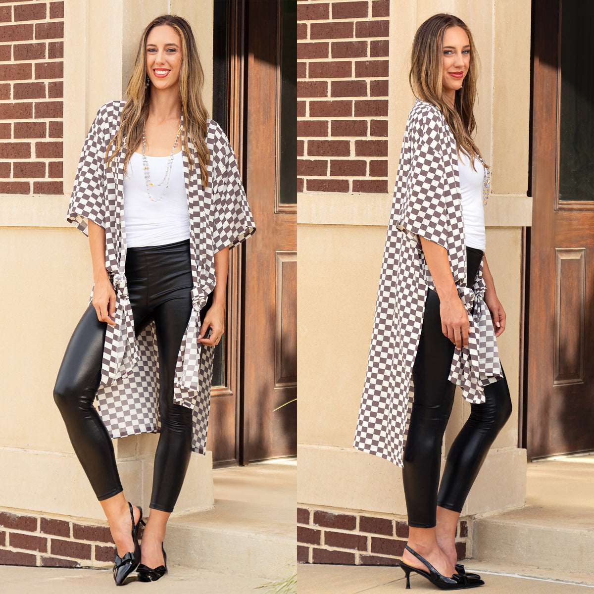 8952 - Checkered Print Duster - Brown