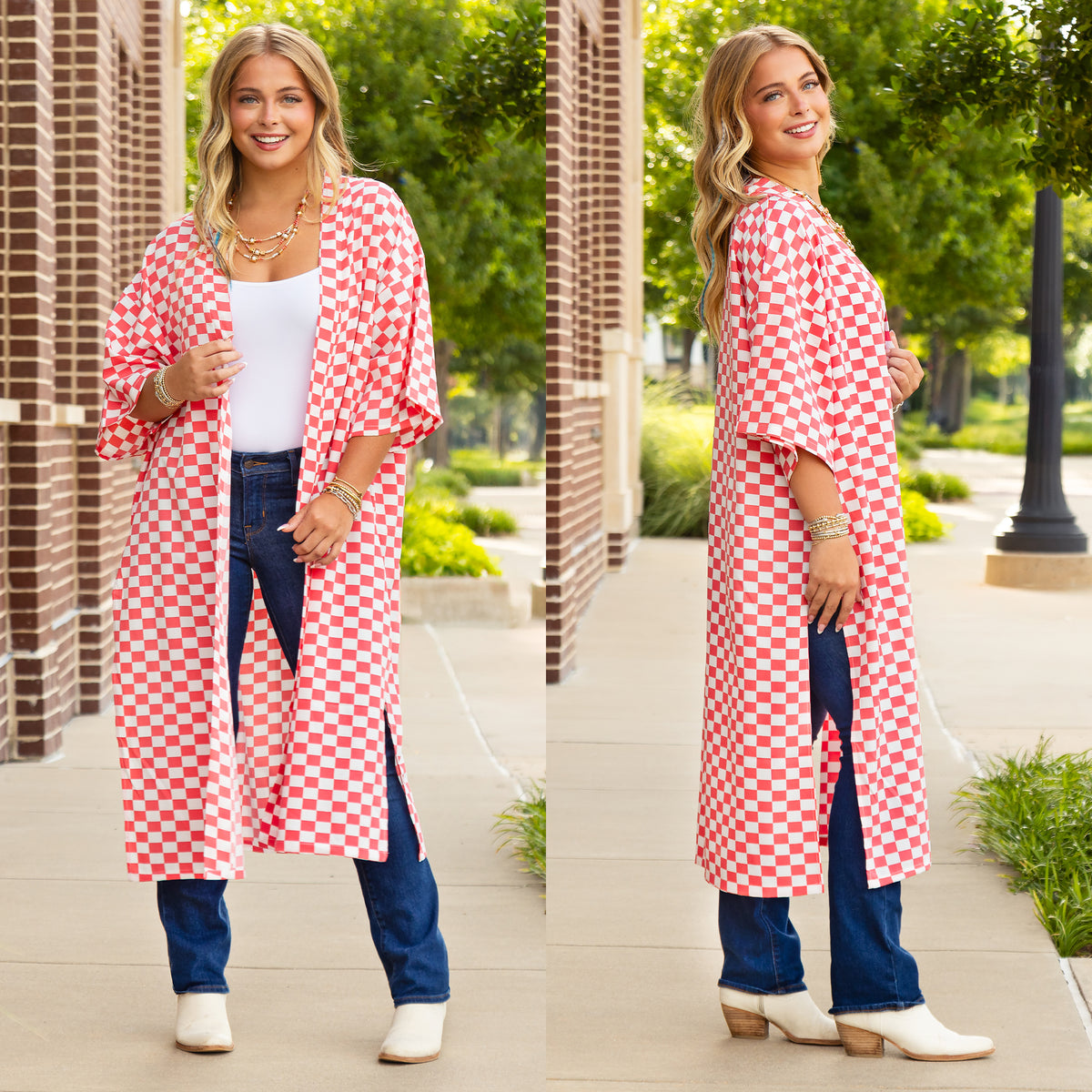 8951 - Checkered Print Duster - Pink