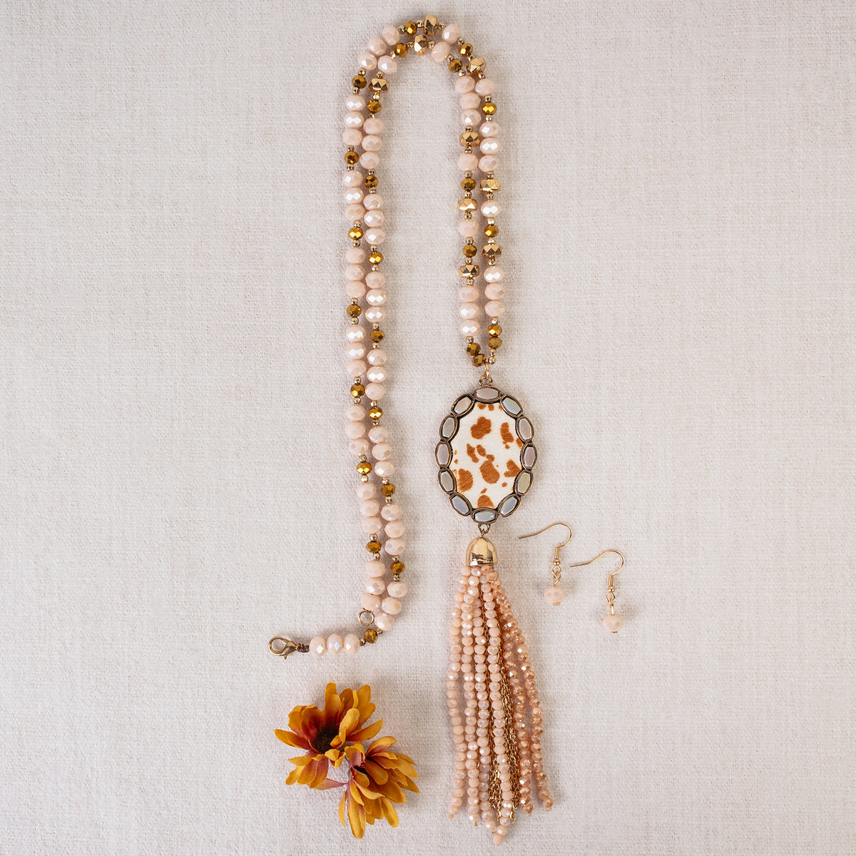 92024 - Animal Print Beaded Tassel Necklace - Beige