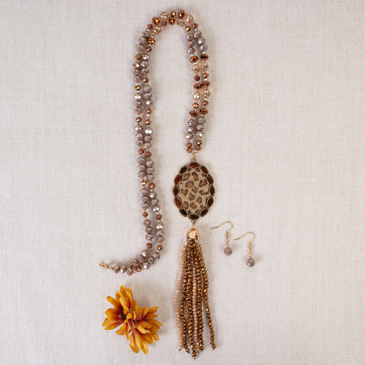 92024 - Animal Print Beaded Tassel Necklace - Bronze