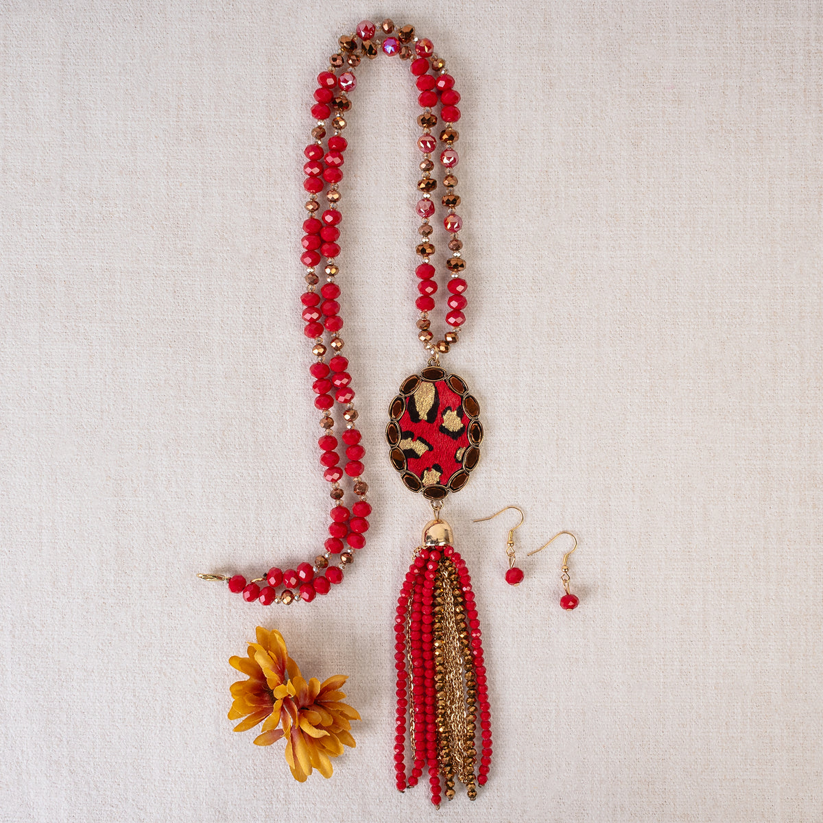 92024 - Animal Print Beaded Tassel Necklace - Red