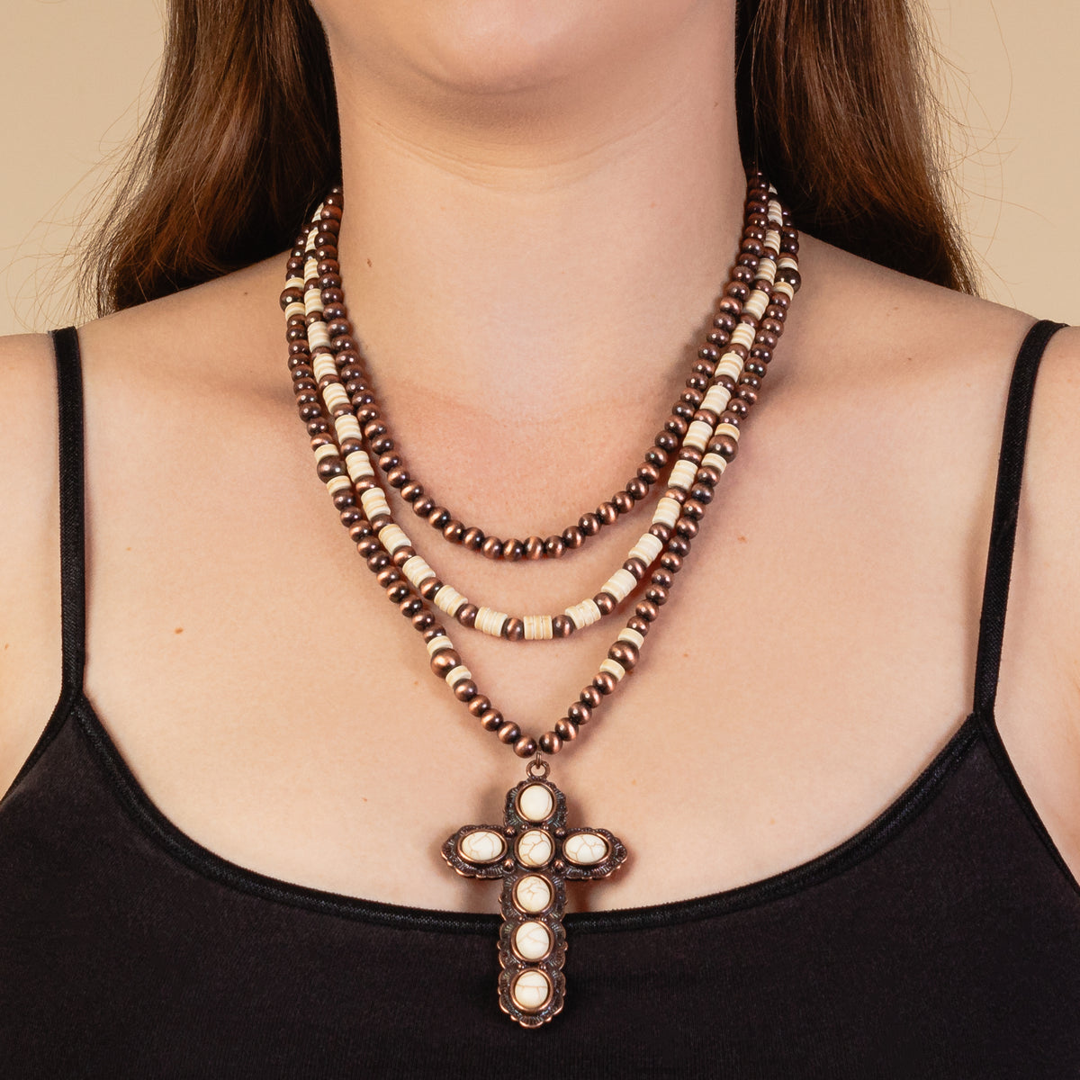 92026 - Squash Blossom Cross Necklace - Ivory & Copper