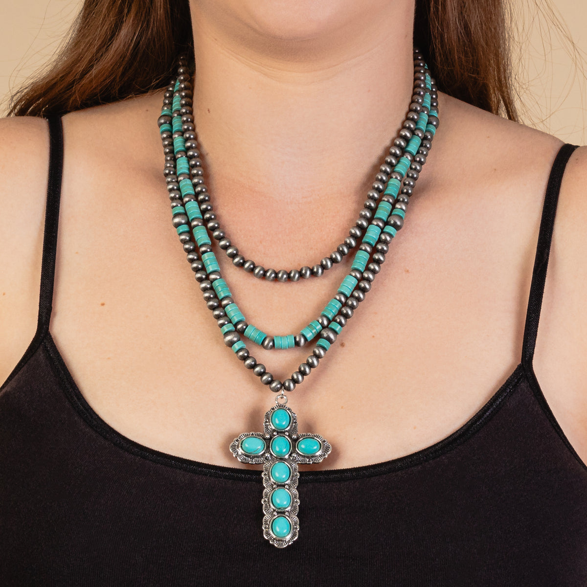 92026 - Layered Cross Necklace - Turquoise & Silver