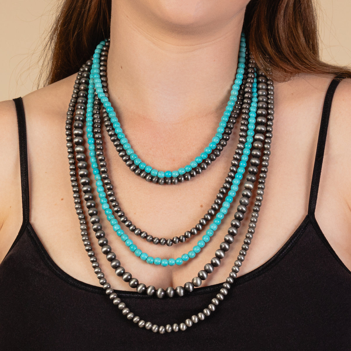 92036 - Layered Beaded Necklace - Turquoise & Silver