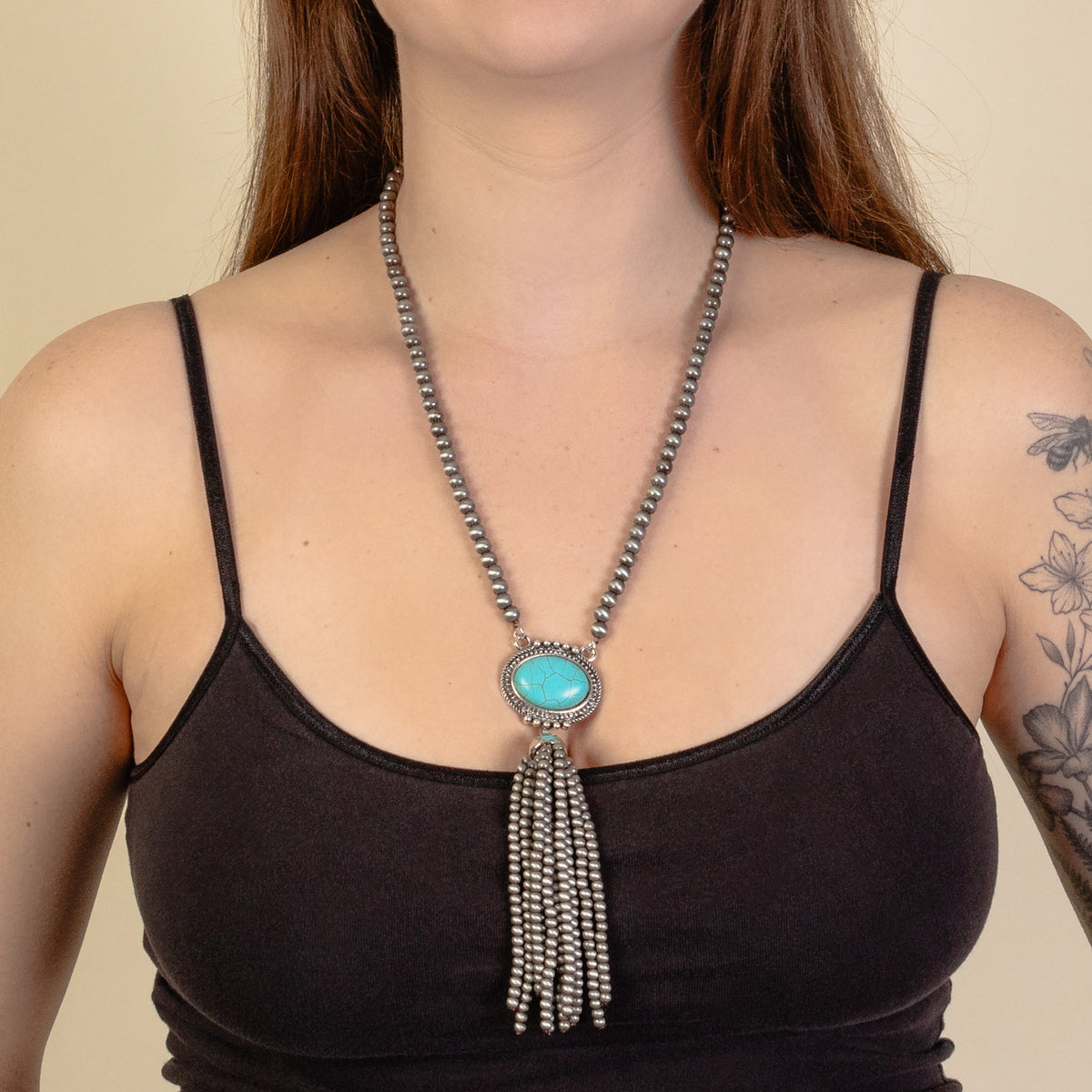 92049 - Squash Blossom Tassel Necklace - Turquoise & Silver