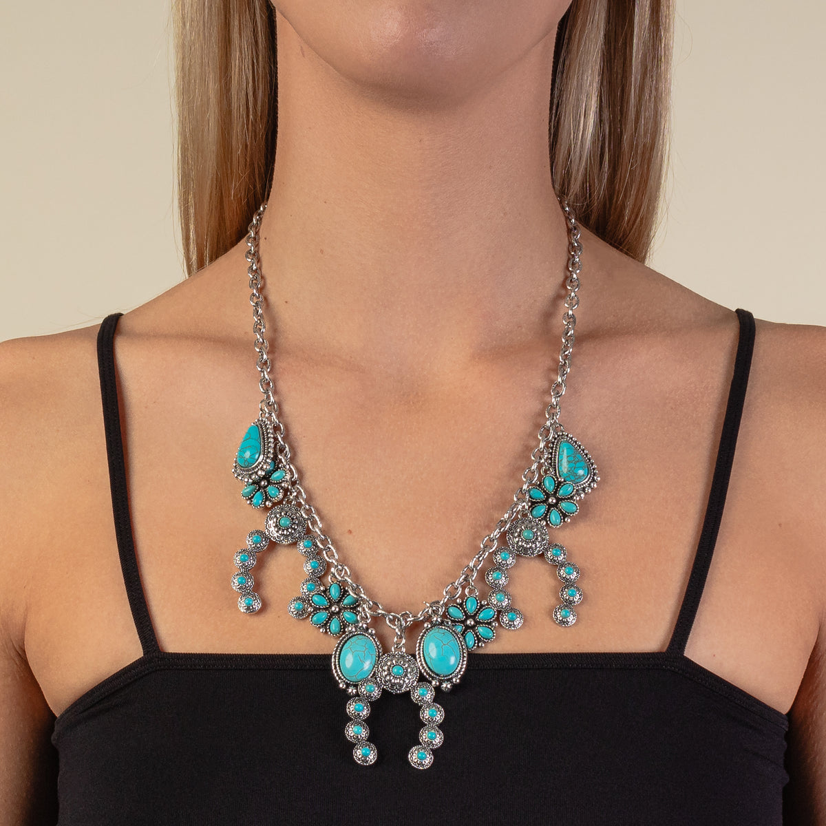 92052 - Squash Blossom Charm Necklace - Turquoise & Silver