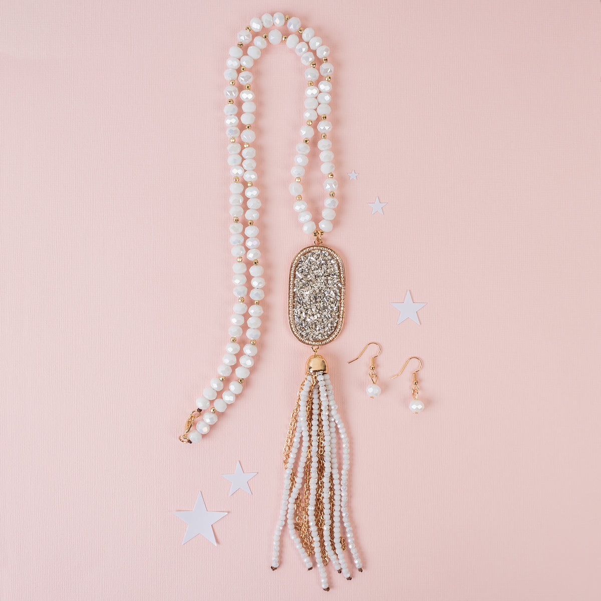 92058 - Beaded Tassel Necklace - White