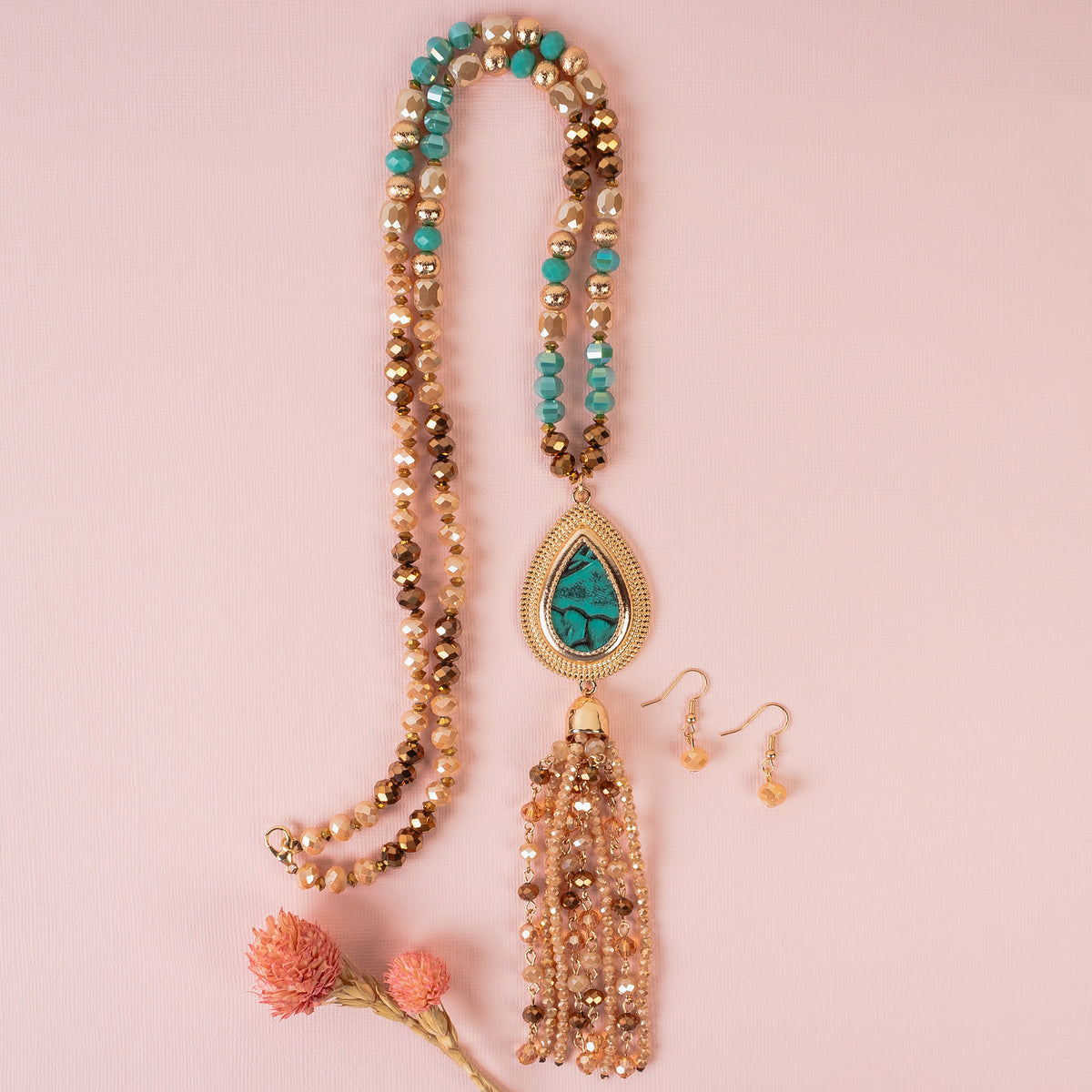 92059 - Beaded Tassel Necklace - Champagne