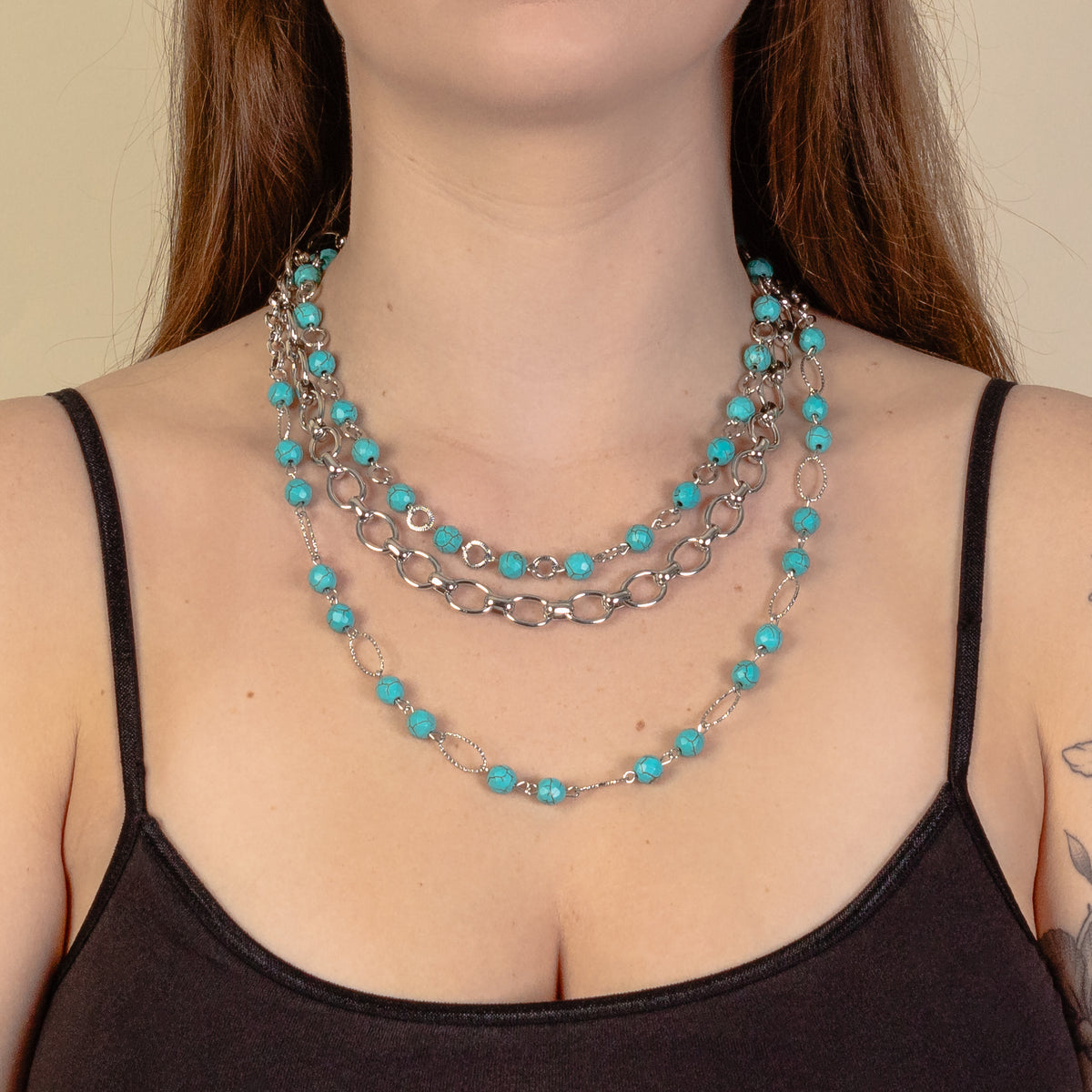 92068 - Squash Blossom Beaded Necklace - Turquoise & Silver