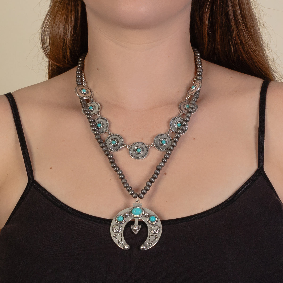 92072 - Layered Squash Blossom Necklace - Turquoise & Silver