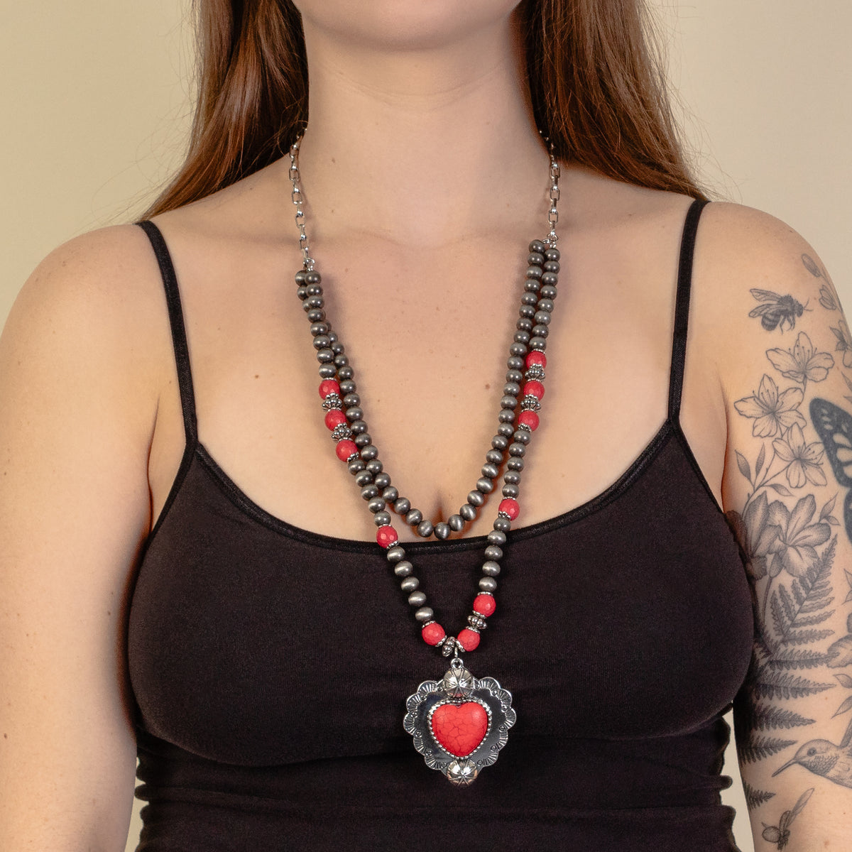 92073 - Squash Blossom Heart Necklace - Red & Silver